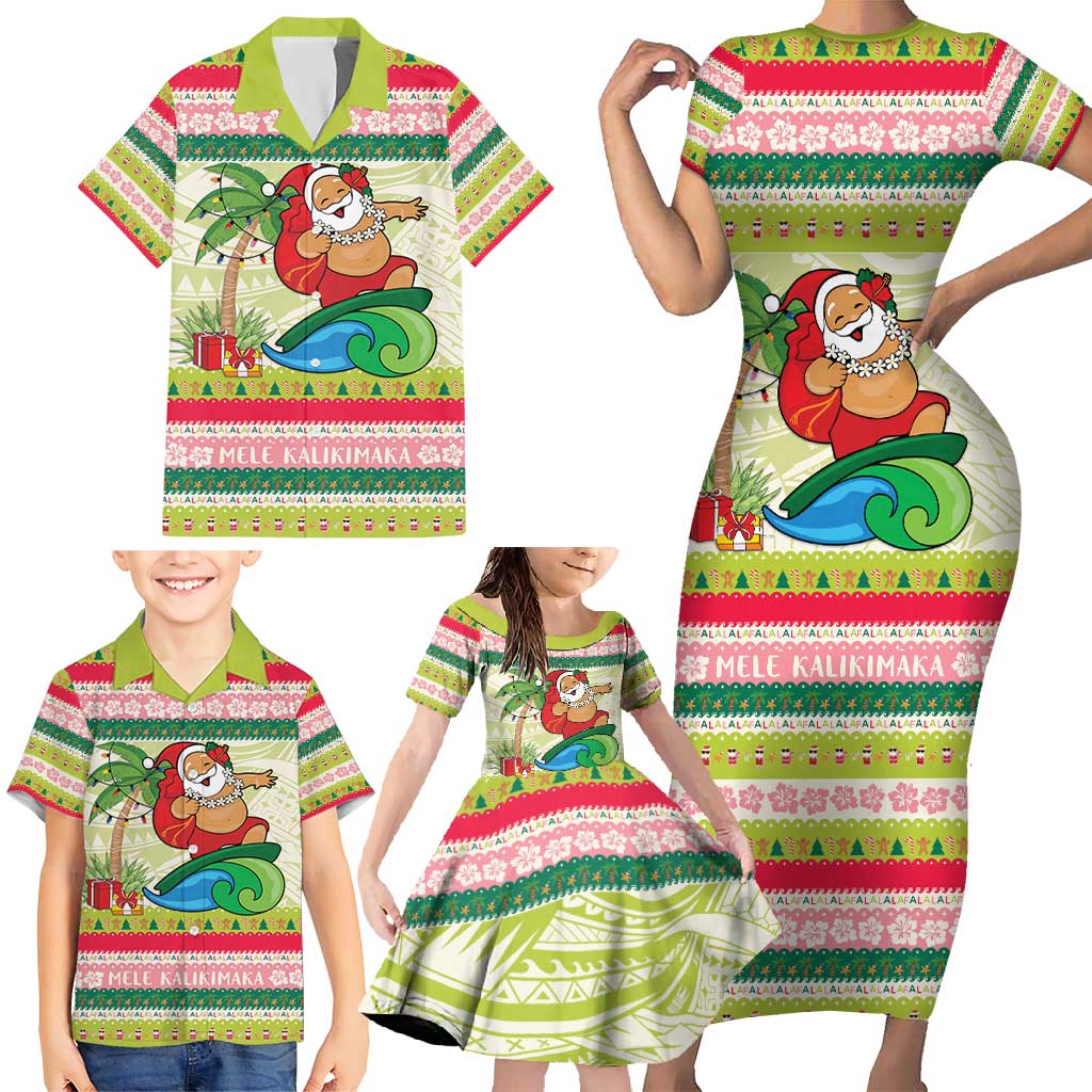 Mele Kalikimaka Hawaii Christmas Family Matching Short Sleeve Bodycon Dress and Hawaiian Shirt Surfing Santa with Polynesian Tribal LT9 - Polynesian Pride
