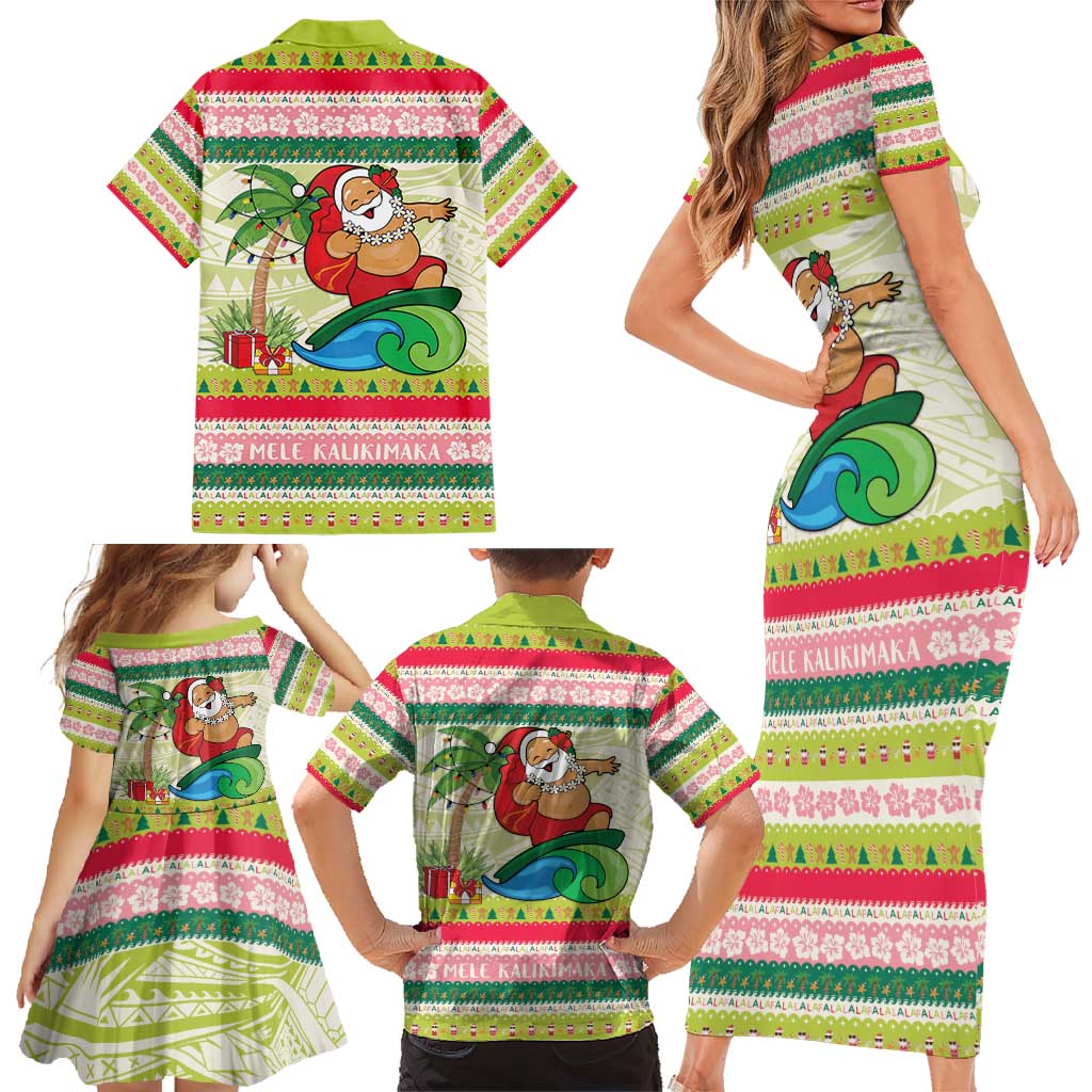 Mele Kalikimaka Hawaii Christmas Family Matching Short Sleeve Bodycon Dress and Hawaiian Shirt Surfing Santa with Polynesian Tribal LT9 - Polynesian Pride