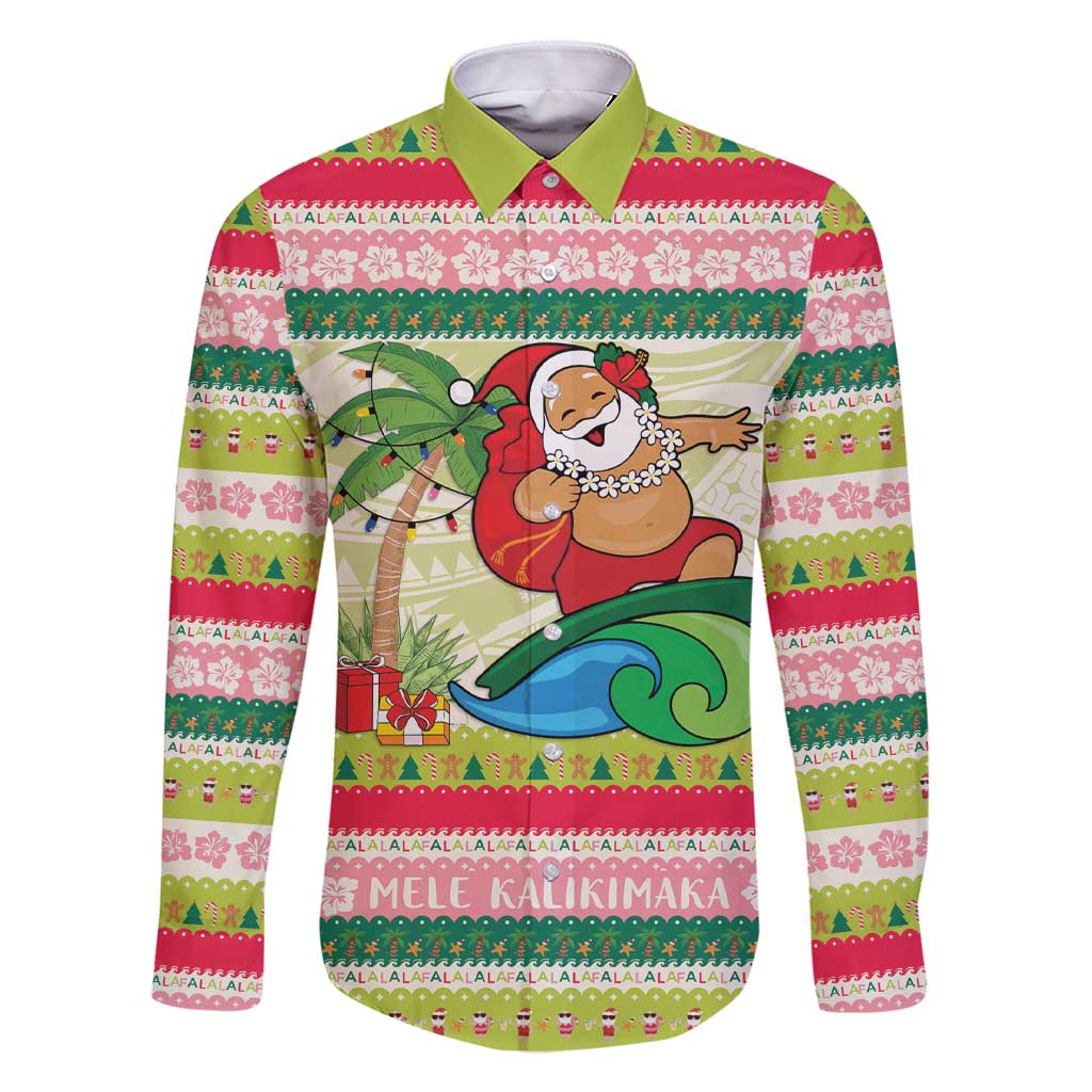 Mele Kalikimaka Hawaii Christmas Family Matching Short Sleeve Bodycon Dress and Hawaiian Shirt Surfing Santa with Polynesian Tribal LT9 Dad's Shirt - Long Sleeve Green - Polynesian Pride