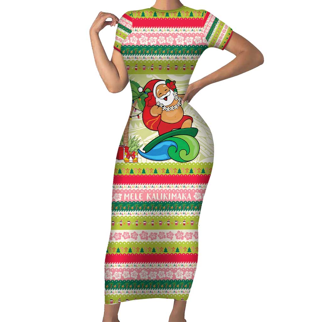 Mele Kalikimaka Hawaii Christmas Family Matching Short Sleeve Bodycon Dress and Hawaiian Shirt Surfing Santa with Polynesian Tribal LT9 Mom's Dress Green - Polynesian Pride