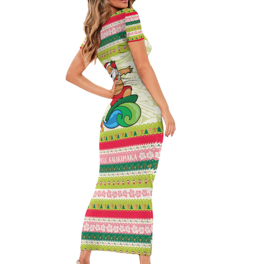 Mele Kalikimaka Hawaii Christmas Family Matching Short Sleeve Bodycon Dress and Hawaiian Shirt Surfing Santa with Polynesian Tribal LT9 - Polynesian Pride