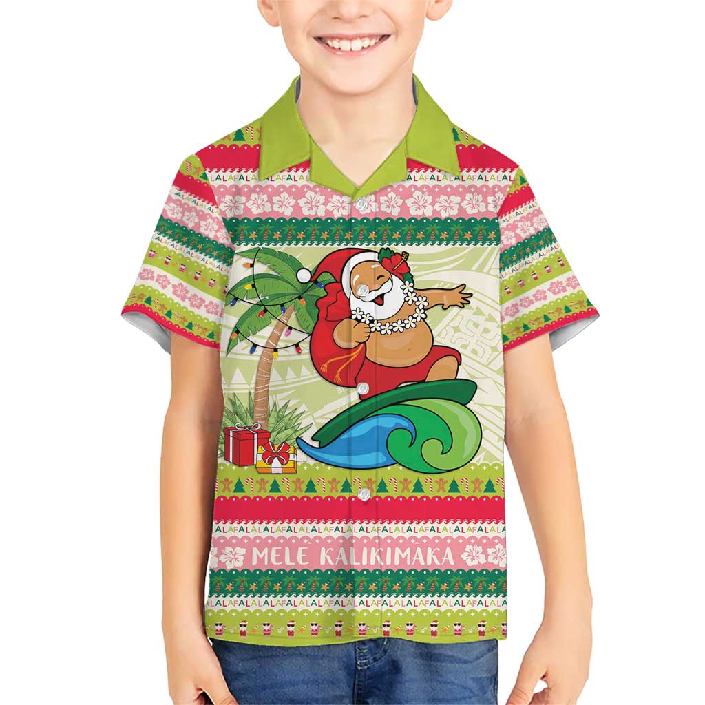Mele Kalikimaka Hawaii Christmas Family Matching Short Sleeve Bodycon Dress and Hawaiian Shirt Surfing Santa with Polynesian Tribal LT9 Son's Shirt Green - Polynesian Pride