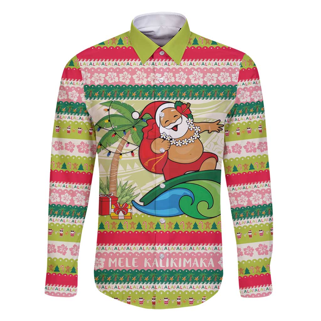 Mele Kalikimaka Hawaii Christmas Family Matching Summer Maxi Dress and Hawaiian Shirt Surfing Santa with Polynesian Tribal LT9 Dad's Shirt - Long Sleeve Green - Polynesian Pride