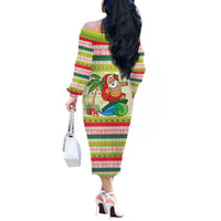 Mele Kalikimaka Hawaii Christmas Off The Shoulder Long Sleeve Dress Surfing Santa with Polynesian Tribal LT9 - Polynesian Pride