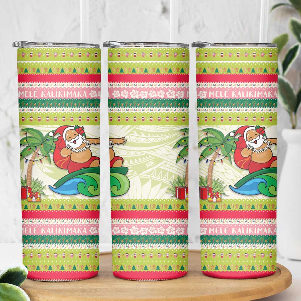 Mele Kalikimaka Hawaii Christmas Skinny Tumbler Surfing Santa with Polynesian Tribal LT9 - Polynesian Pride