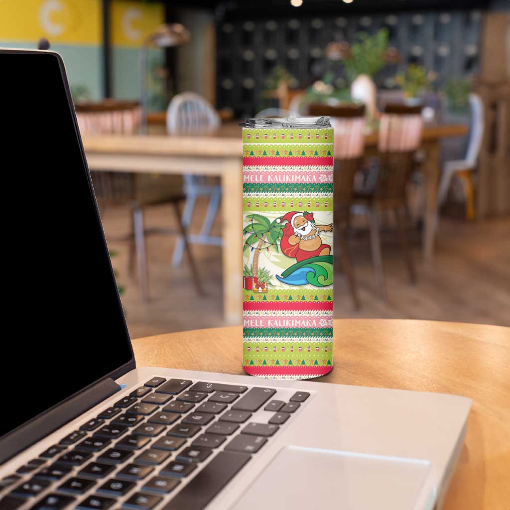 Mele Kalikimaka Hawaii Christmas Skinny Tumbler Surfing Santa with Polynesian Tribal LT9 - Polynesian Pride