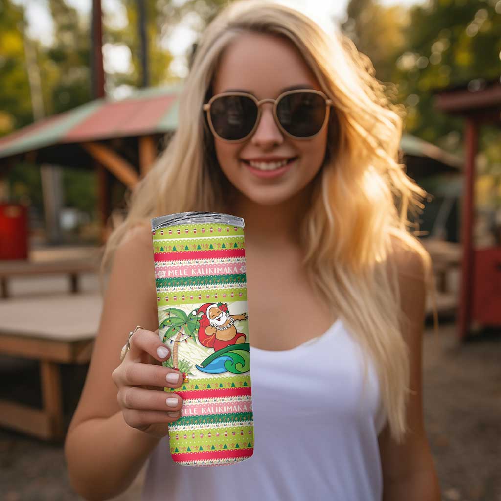Mele Kalikimaka Hawaii Christmas Skinny Tumbler Surfing Santa with Polynesian Tribal LT9 - Polynesian Pride