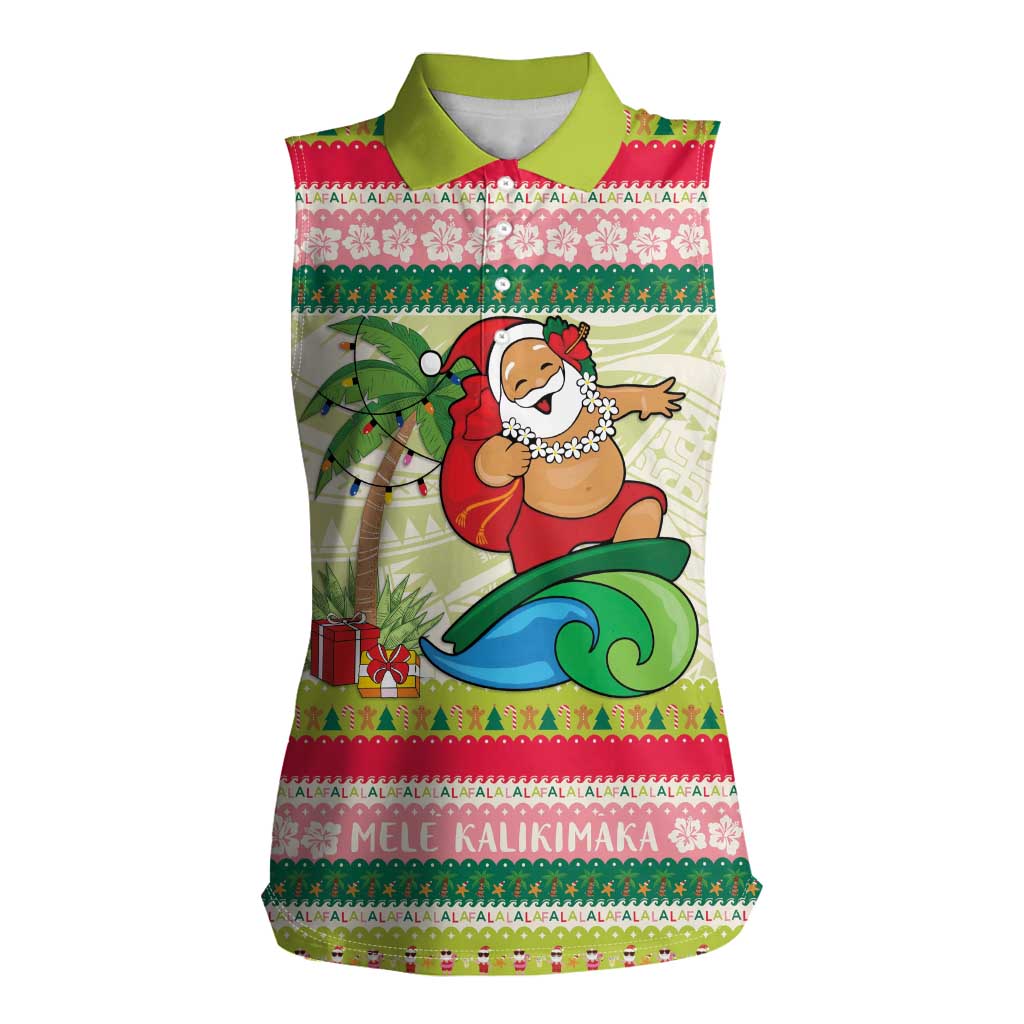 Mele Kalikimaka Hawaii Christmas Women Sleeveless Polo Shirt Surfing Santa with Polynesian Tribal LT9 Female Green - Polynesian Pride