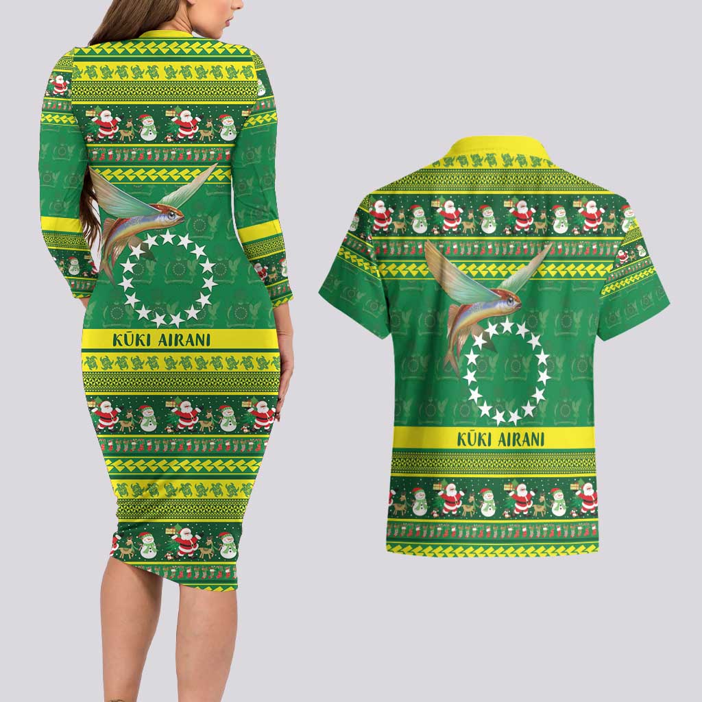 Meri Kiritimiti Cook Islands Christmas Couples Matching Long Sleeve Bodycon Dress and Hawaiian Shirt Maroro Flying Fish and White Stars LT9 - Polynesian Pride