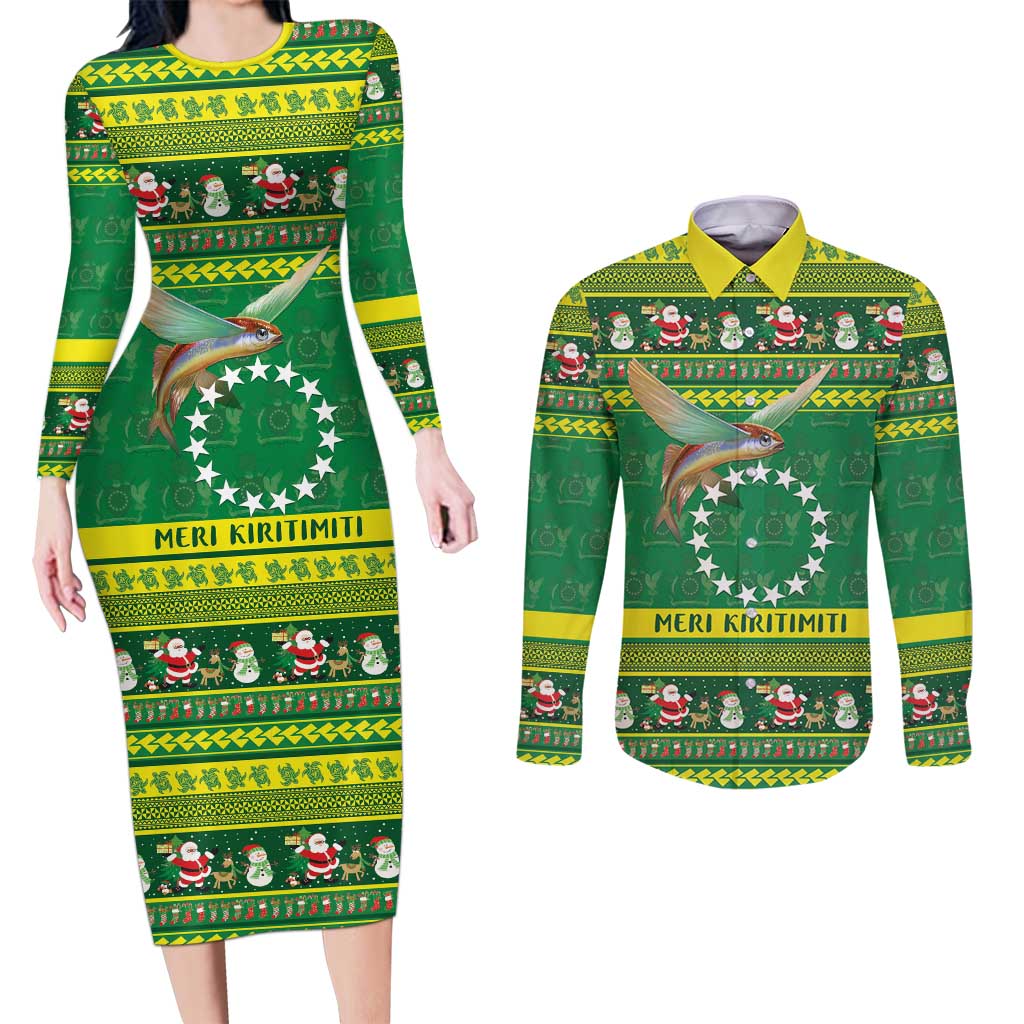 Meri Kiritimiti Cook Islands Christmas Couples Matching Long Sleeve Bodycon Dress and Long Sleeve Button Shirt Maroro Flying Fish and White Stars LT9 Green - Polynesian Pride