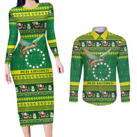 Meri Kiritimiti Cook Islands Christmas Couples Matching Long Sleeve Bodycon Dress and Long Sleeve Button Shirt Maroro Flying Fish and White Stars LT9 Green - Polynesian Pride