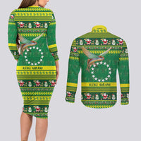 Meri Kiritimiti Cook Islands Christmas Couples Matching Long Sleeve Bodycon Dress and Long Sleeve Button Shirt Maroro Flying Fish and White Stars LT9 - Polynesian Pride