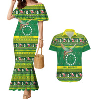 Meri Kiritimiti Cook Islands Christmas Couples Matching Mermaid Dress and Hawaiian Shirt Maroro Flying Fish and White Stars LT9 Green - Polynesian Pride