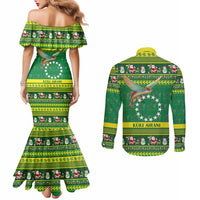 Meri Kiritimiti Cook Islands Christmas Couples Matching Mermaid Dress and Long Sleeve Button Shirt Maroro Flying Fish and White Stars LT9 - Polynesian Pride