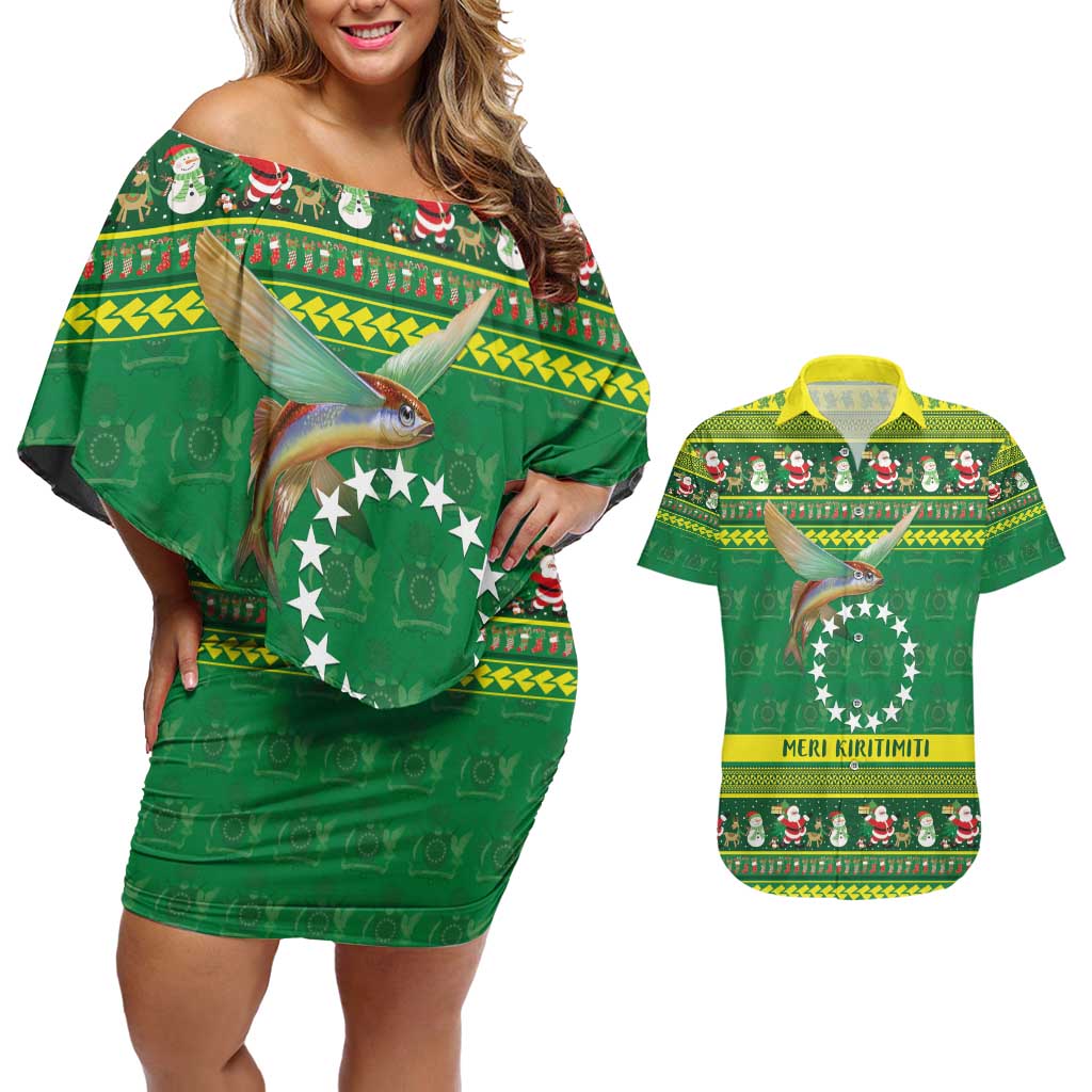 Meri Kiritimiti Cook Islands Christmas Couples Matching Off Shoulder Short Dress and Hawaiian Shirt Maroro Flying Fish and White Stars LT9 Green - Polynesian Pride