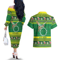 Meri Kiritimiti Cook Islands Christmas Couples Matching Off The Shoulder Long Sleeve Dress and Hawaiian Shirt Maroro Flying Fish and White Stars LT9 - Polynesian Pride