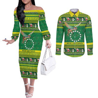 Meri Kiritimiti Cook Islands Christmas Couples Matching Off The Shoulder Long Sleeve Dress and Long Sleeve Button Shirt Maroro Flying Fish and White Stars LT9 Green - Polynesian Pride