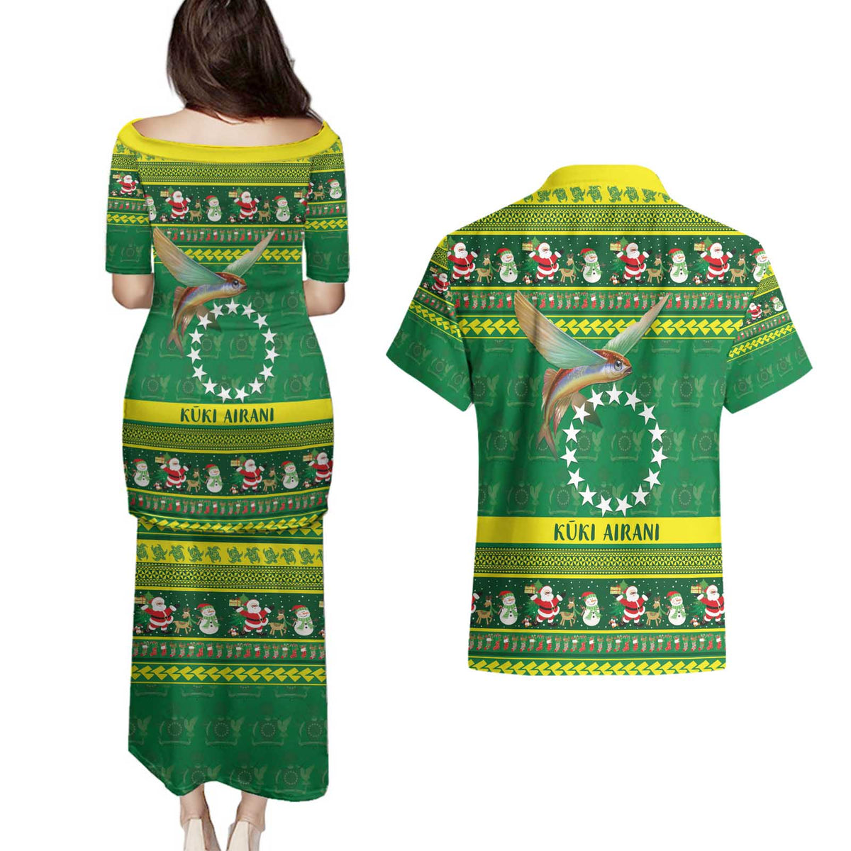 Meri Kiritimiti Cook Islands Christmas Couples Matching Puletasi and Hawaiian Shirt Maroro Flying Fish and White Stars