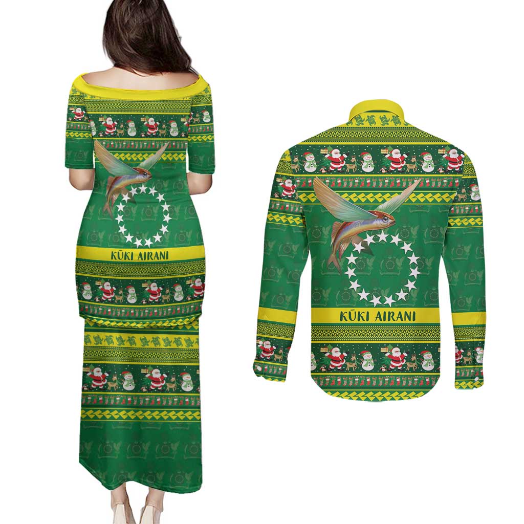 Meri Kiritimiti Cook Islands Christmas Couples Matching Puletasi and Long Sleeve Button Shirt Maroro Flying Fish and White Stars