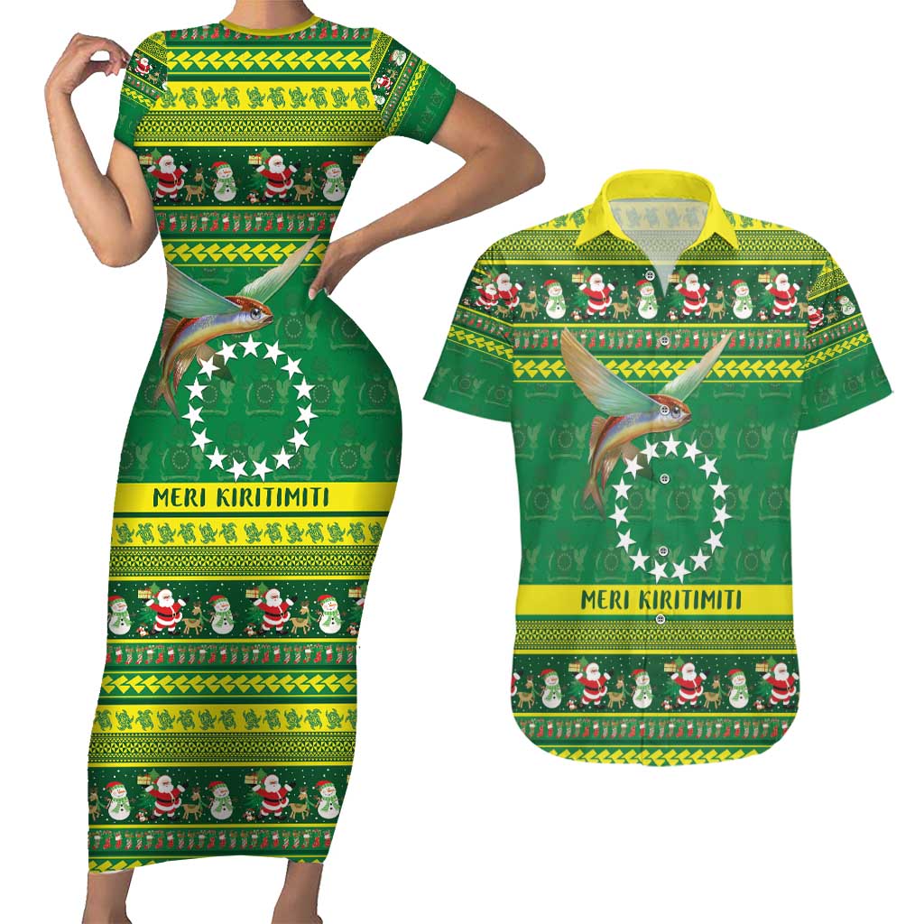 Meri Kiritimiti Cook Islands Christmas Couples Matching Short Sleeve Bodycon Dress and Hawaiian Shirt Maroro Flying Fish and White Stars LT9 Green - Polynesian Pride