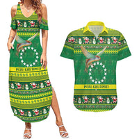 Meri Kiritimiti Cook Islands Christmas Couples Matching Summer Maxi Dress and Hawaiian Shirt Maroro Flying Fish and White Stars LT9 Green - Polynesian Pride