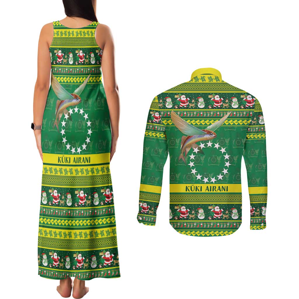 Meri Kiritimiti Cook Islands Christmas Couples Matching Tank Maxi Dress and Long Sleeve Button Shirt Maroro Flying Fish and White Stars LT9 - Polynesian Pride