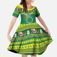 Meri Kiritimiti Cook Islands Christmas Family Matching Long Sleeve Bodycon Dress and Hawaiian Shirt Maroro Flying Fish and White Stars LT9 Daughter's Dress Green - Polynesian Pride