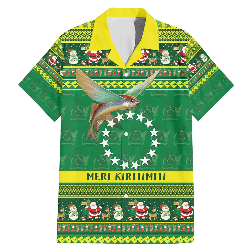 Meri Kiritimiti Cook Islands Christmas Family Matching Mermaid Dress and Hawaiian Shirt Maroro Flying Fish and White Stars LT9 Dad's Shirt - Short Sleeve Green - Polynesian Pride