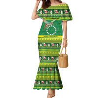 Meri Kiritimiti Cook Islands Christmas Family Matching Mermaid Dress and Hawaiian Shirt Maroro Flying Fish and White Stars LT9 Mom's Dress Green - Polynesian Pride