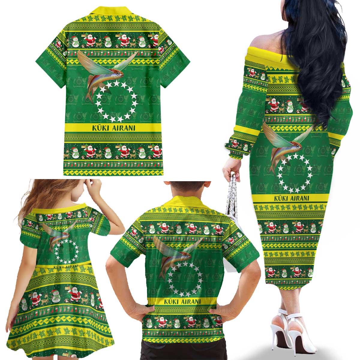 Meri Kiritimiti Cook Islands Christmas Family Matching Off The Shoulder Long Sleeve Dress and Hawaiian Shirt Maroro Flying Fish and White Stars LT9 - Polynesian Pride