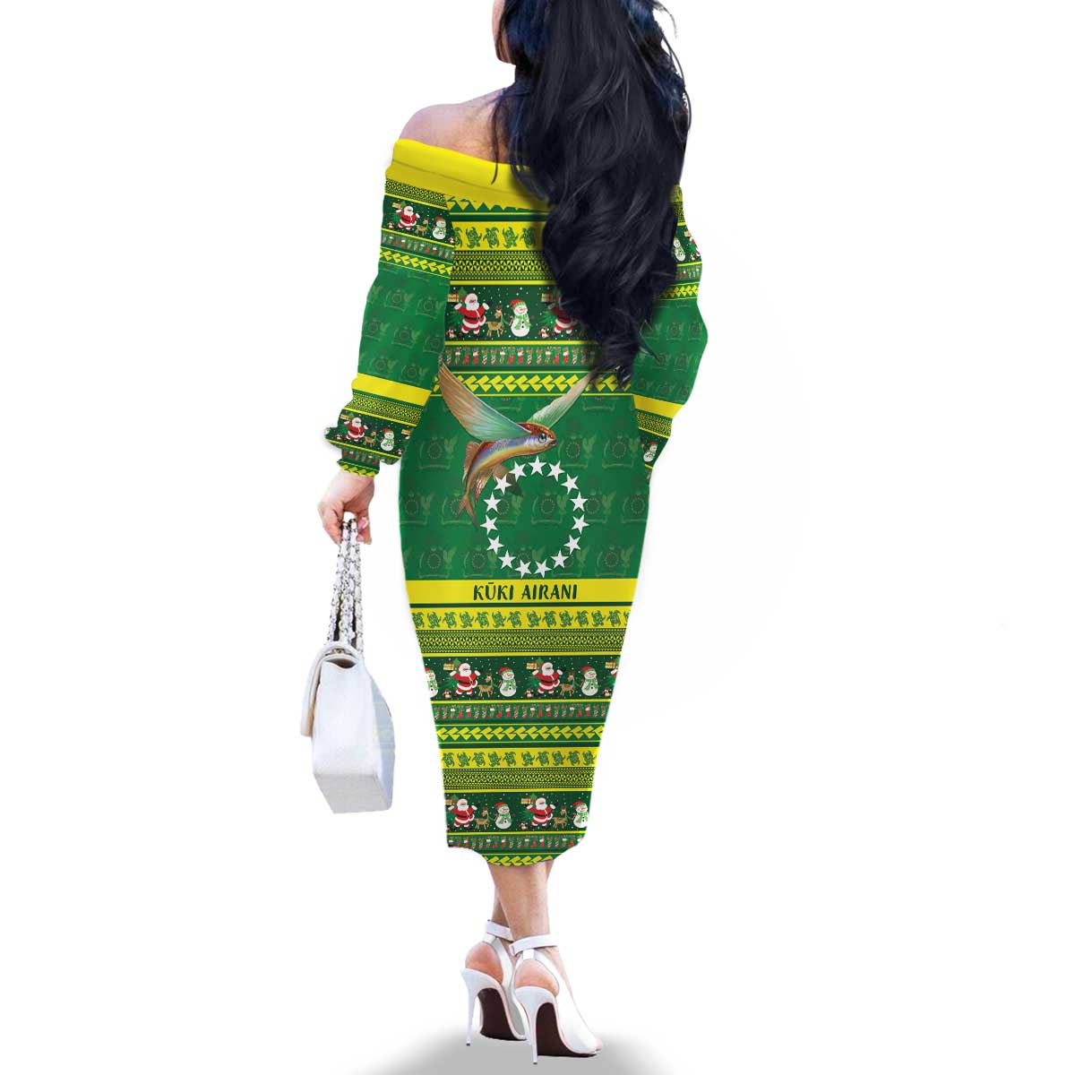 Meri Kiritimiti Cook Islands Christmas Family Matching Off The Shoulder Long Sleeve Dress and Hawaiian Shirt Maroro Flying Fish and White Stars LT9 - Polynesian Pride