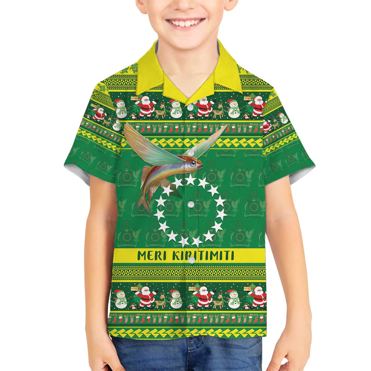 Meri Kiritimiti Cook Islands Christmas Family Matching Off The Shoulder Long Sleeve Dress and Hawaiian Shirt Maroro Flying Fish and White Stars LT9 Son's Shirt Green - Polynesian Pride
