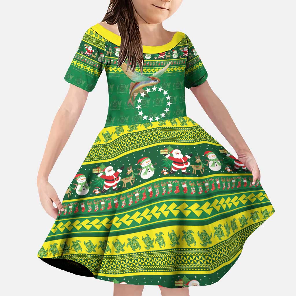 Meri Kiritimiti Cook Islands Christmas Family Matching Off Shoulder Maxi Dress and Hawaiian Shirt Maroro Flying Fish and White Stars LT9 Daughter's Dress Green - Polynesian Pride