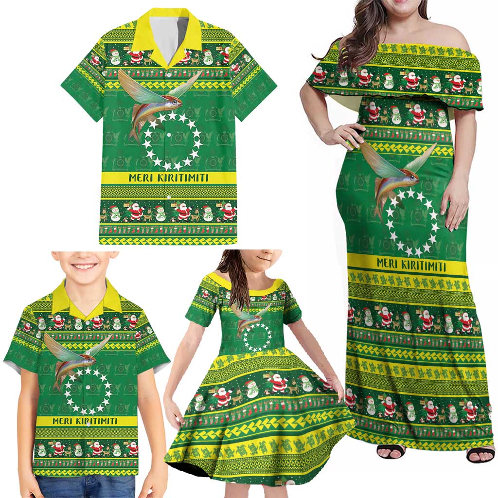 Meri Kiritimiti Cook Islands Christmas Family Matching Off Shoulder Maxi Dress and Hawaiian Shirt Maroro Flying Fish and White Stars LT9 - Polynesian Pride