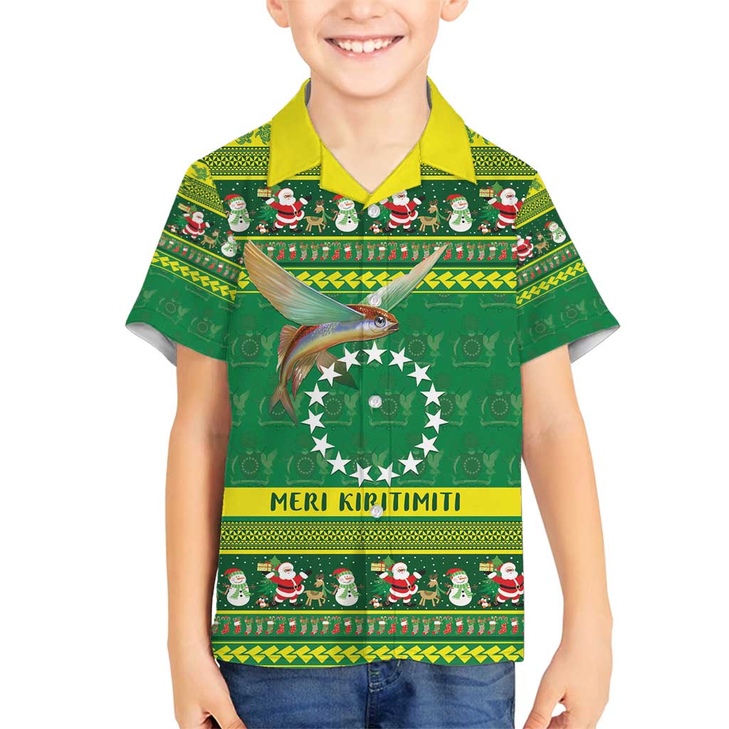 Meri Kiritimiti Cook Islands Christmas Family Matching Off Shoulder Short Dress and Hawaiian Shirt Maroro Flying Fish and White Stars LT9 Son's Shirt Green - Polynesian Pride