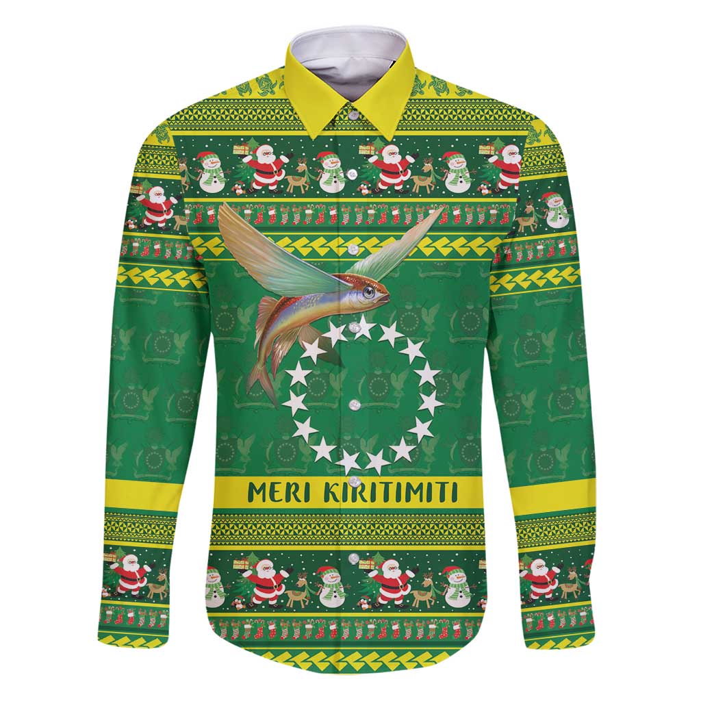 Meri Kiritimiti Cook Islands Christmas Family Matching Puletasi and Hawaiian Shirt Maroro Flying Fish and White Stars LT9 Dad's Shirt - Long Sleeve Green - Polynesian Pride