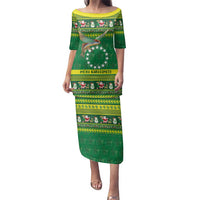 Meri Kiritimiti Cook Islands Christmas Family Matching Puletasi and Hawaiian Shirt Maroro Flying Fish and White Stars LT9 Mom's Dress Green - Polynesian Pride
