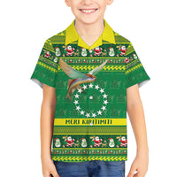 Meri Kiritimiti Cook Islands Christmas Family Matching Puletasi and Hawaiian Shirt Maroro Flying Fish and White Stars LT9 Son's Shirt Green - Polynesian Pride