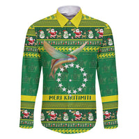 Meri Kiritimiti Cook Islands Christmas Family Matching Short Sleeve Bodycon Dress and Hawaiian Shirt Maroro Flying Fish and White Stars LT9 Dad's Shirt - Long Sleeve Green - Polynesian Pride