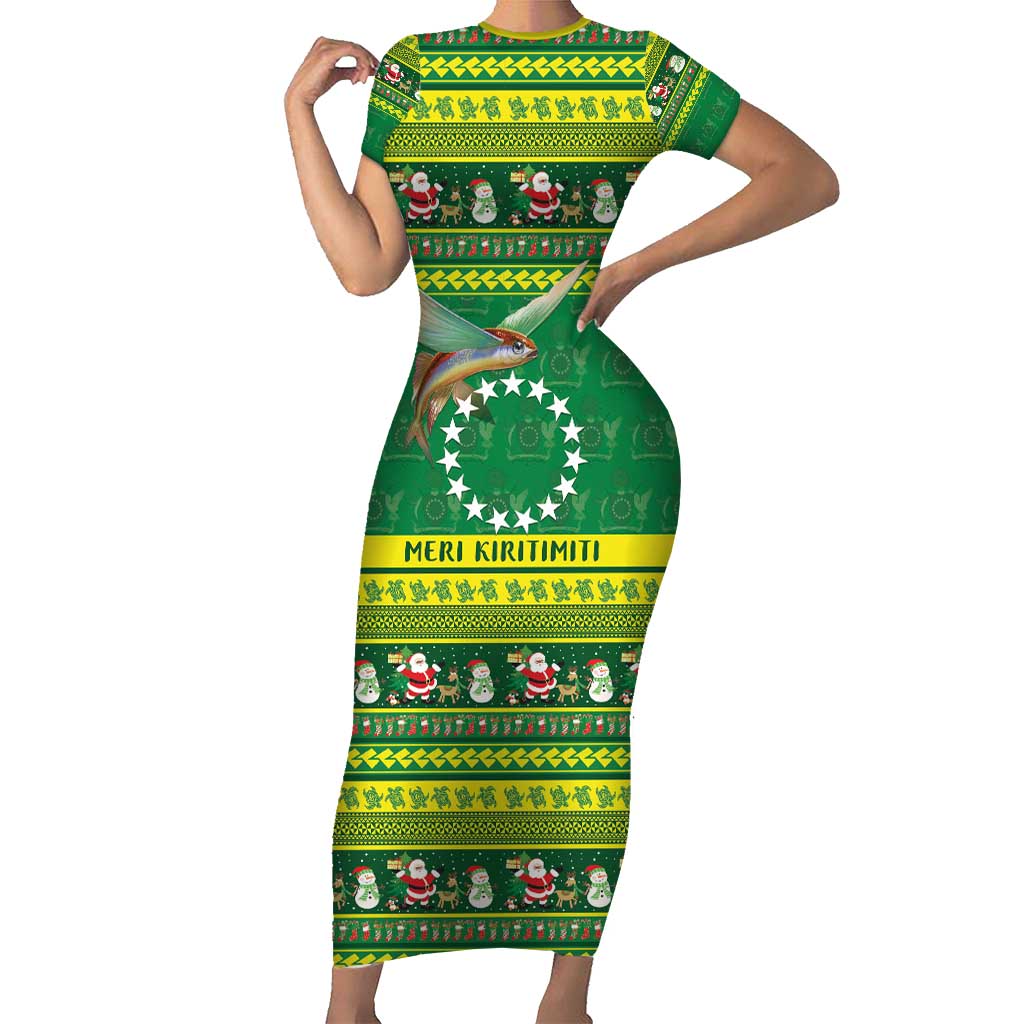 Meri Kiritimiti Cook Islands Christmas Family Matching Short Sleeve Bodycon Dress and Hawaiian Shirt Maroro Flying Fish and White Stars LT9 Mom's Dress Green - Polynesian Pride