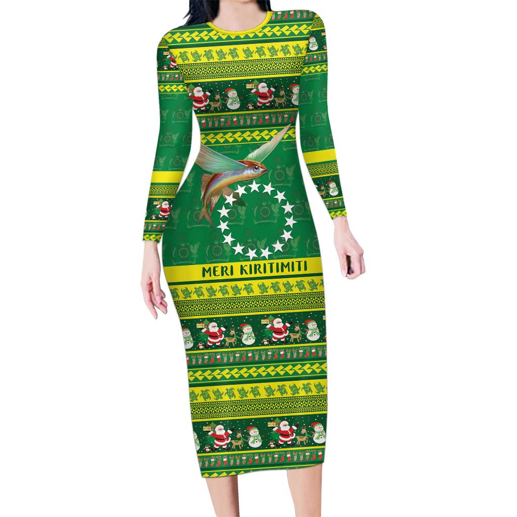 Meri Kiritimiti Cook Islands Christmas Long Sleeve Bodycon Dress Maroro Flying Fish and White Stars LT9 Long Dress Green - Polynesian Pride