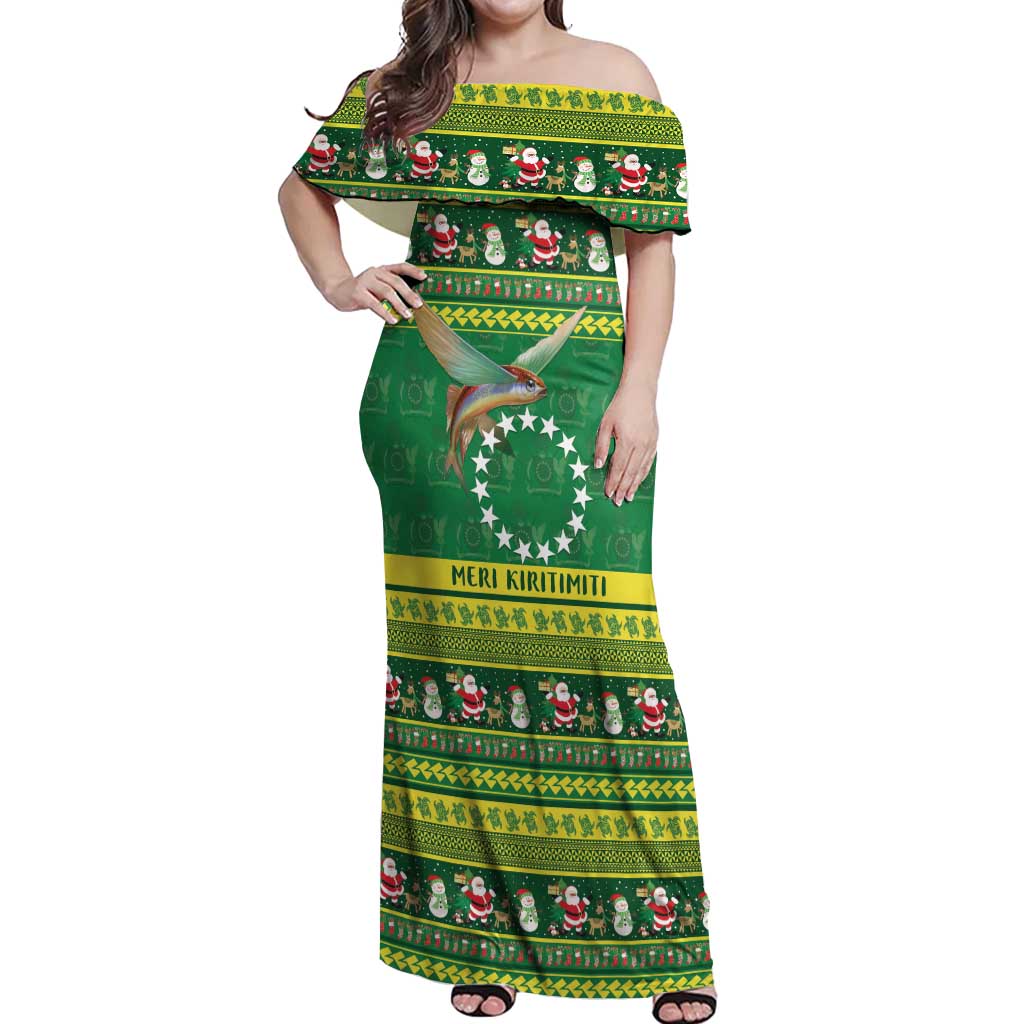 Meri Kiritimiti Cook Islands Christmas Off Shoulder Maxi Dress Maroro Flying Fish and White Stars