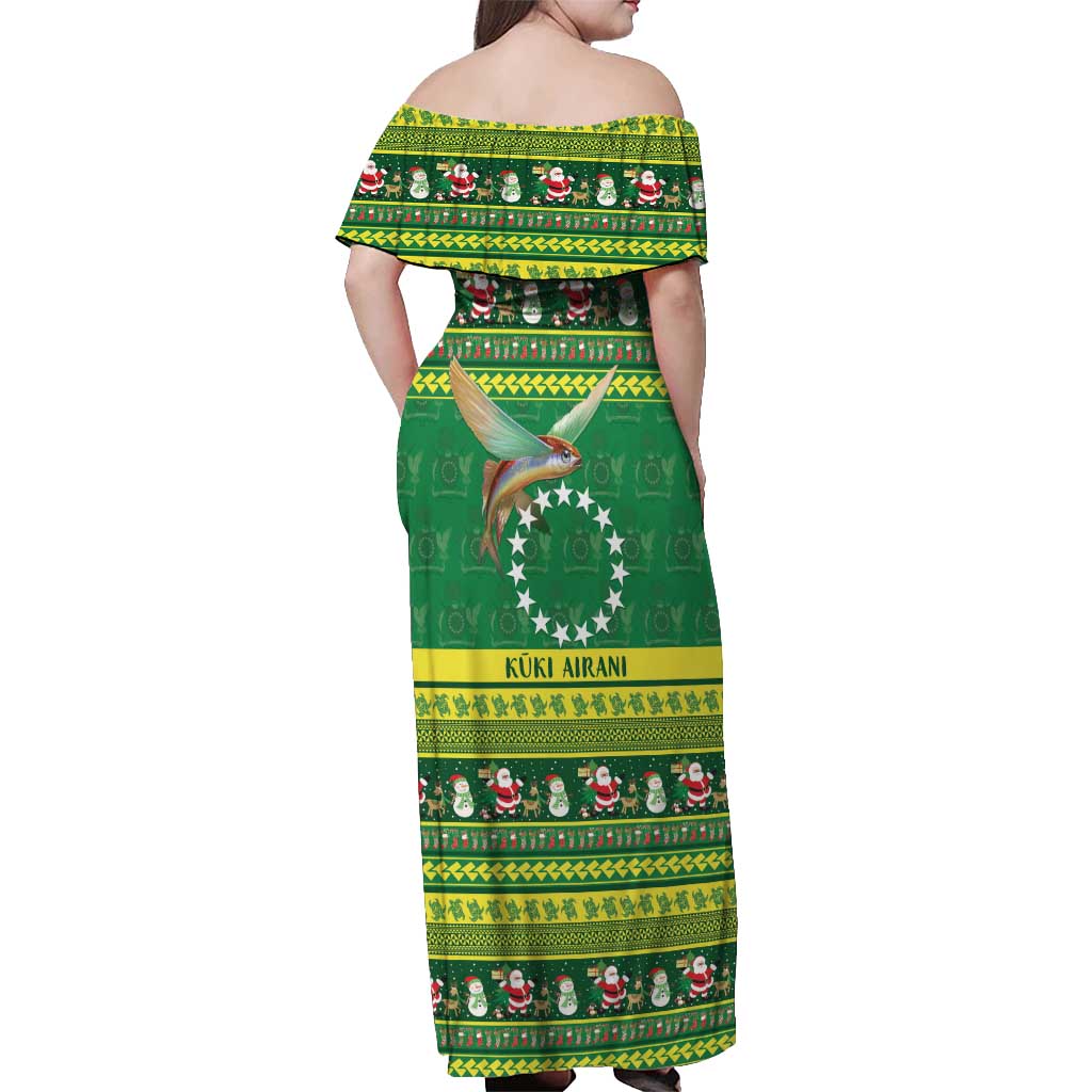 Meri Kiritimiti Cook Islands Christmas Off Shoulder Maxi Dress Maroro Flying Fish and White Stars