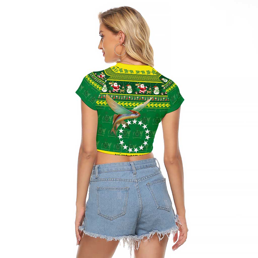 Meri Kiritimiti Cook Islands Christmas Raglan Cropped T Shirt Maroro Flying Fish and White Stars
