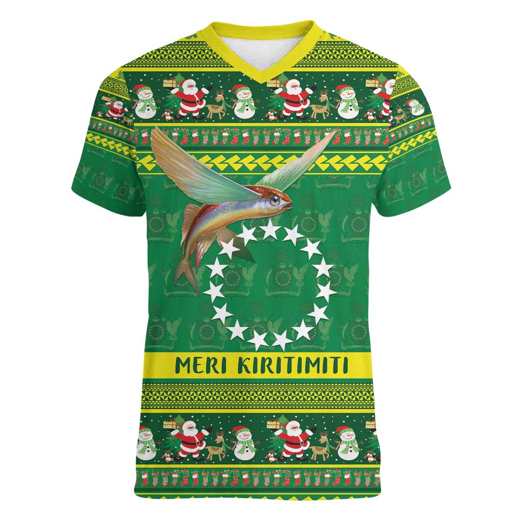 Meri Kiritimiti Cook Islands Christmas Women V-Neck T-Shirt Maroro Flying Fish and White Stars