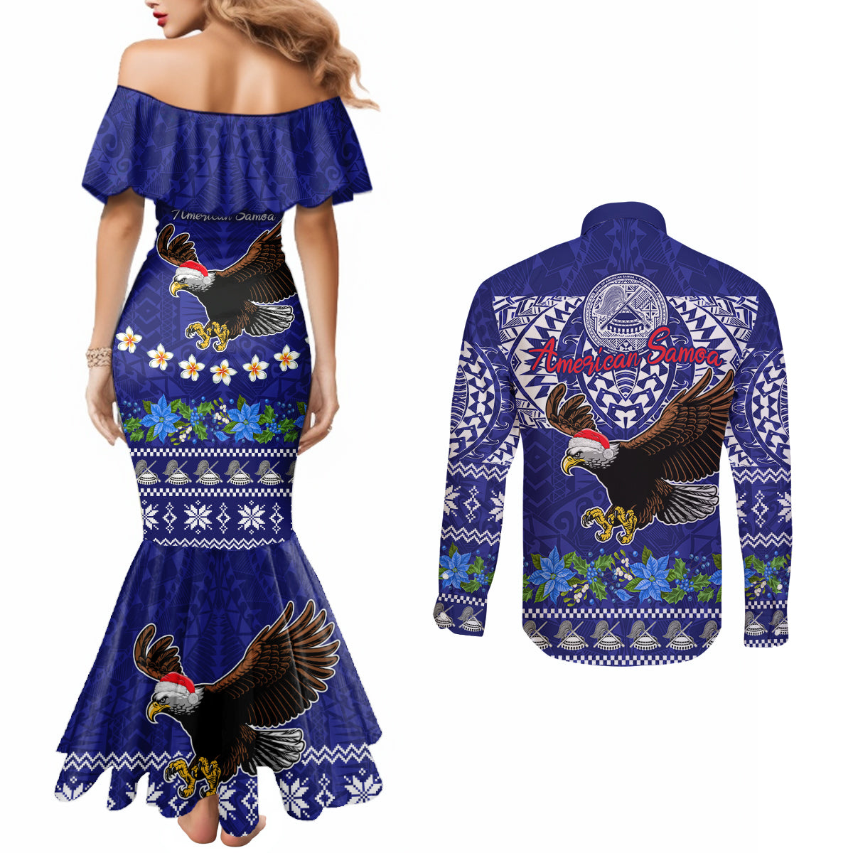 American Samoa Christmas Couples Matching Mermaid Dress and Long Sleeve Button Shirt Manuia le Kerisimasi Polynesian Tribal LT9 - Polynesian Pride