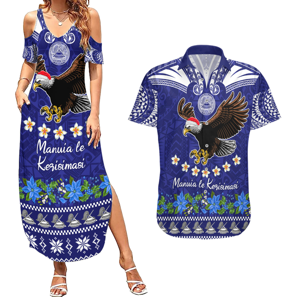 American Samoa Christmas Couples Matching Summer Maxi Dress and Hawaiian Shirt Manuia le Kerisimasi Polynesian Tribal LT9 Blue - Polynesian Pride