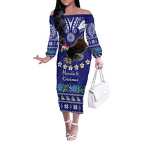 American Samoa Christmas Family Matching Off Shoulder Long Sleeve Dress and Hawaiian Shirt Manuia le Kerisimasi Polynesian Tribal LT9 Mom's Dress Blue - Polynesian Pride