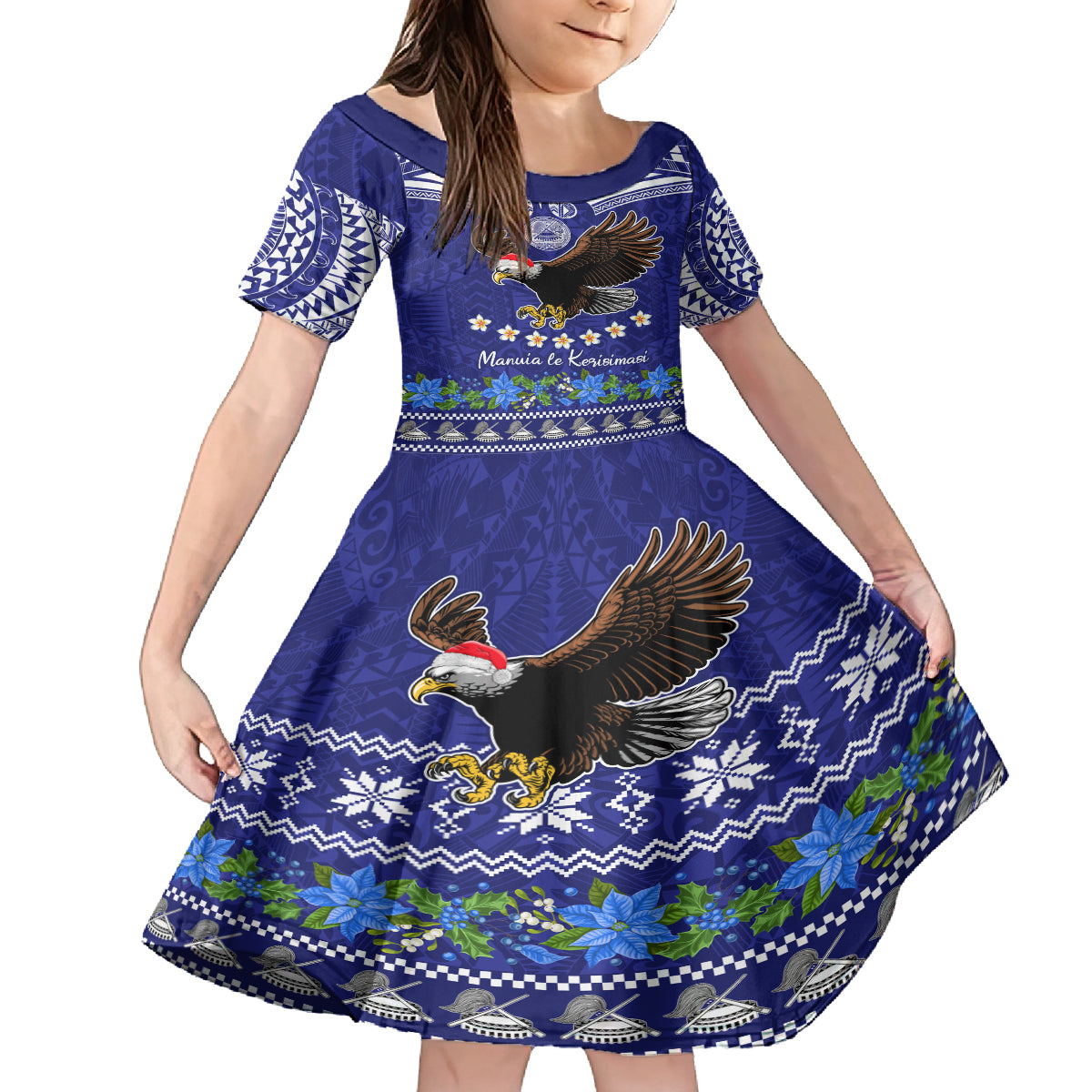 American Samoa Christmas Family Matching Puletasi Dress and Hawaiian Shirt Manuia le Kerisimasi Polynesian Tribal LT9 Daughter's Dress Blue - Polynesian Pride