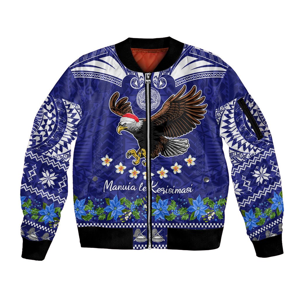 American Samoa Christmas Sleeve Zip Bomber Jacket Manuia le Kerisimasi Polynesian Tribal LT9 Unisex Blue - Polynesian Pride
